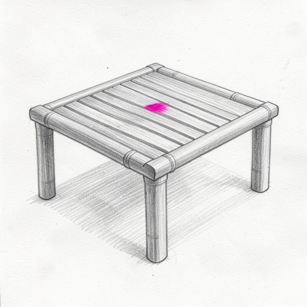 Graphite sketch of a square bamboo coffee table with slatted top, soft gray tones and clean lines